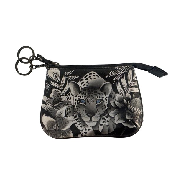 Anushka Womens Wallet Hand Painted Tiger Jungle Black Artsy Leather Zip Pouch - Picture 1 of 7